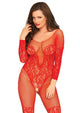 Xiamara -- Women's Long Sleeve Fishnet/Lace Bodystocking -- Red