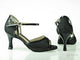2.5" Katie -- Flare Heel Latin Sandal -- Black Foil Crepe/Black Patent PU with Black Patent Heel
