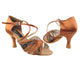 2.5" Rosanna -- Women's Flare Heel Latin Sandal -- Dark Tan Satin/Black Lace
