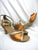 2.5" Shantal -- Flare Heel Latin Sandal -- Dark Tan Satin/Gold Trim