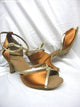 2.5" Shantal -- Flare Heel Latin Sandal -- Dark Tan Satin/Gold Trim