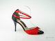 3.5" Juanita -- Ultra Slim Heel Latin Sandal -- Red & Black Satin with Black Patent Heel