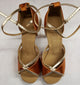 3.5" Linked -- Flare Heel Latin Sandal -- Tan Satin/Gold