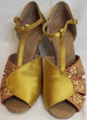 3" Maureen -- Flare Heel Latin Sandal -- Tan Satin/Dark Tan Glitter