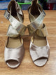 3.5" Jorjet -- Women's Flare Heel Latin Sandal -- Tan Satin/Gold Snake